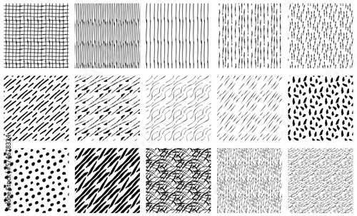 手描き風の黒色のシームレスパターンのセット