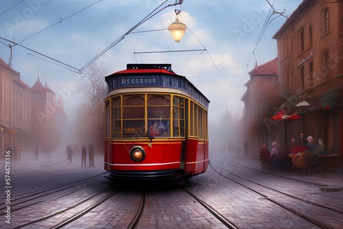 Tram in old city, oil paintings landscape - generative ai