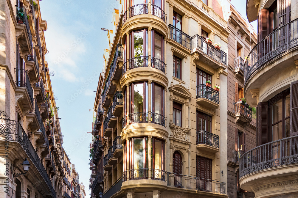 facade of a colorful houses in the streets of barcelona spain