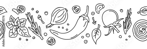 Seamless pattern.Spices and vegetables background. Vector background with handmade herbs and spices. 