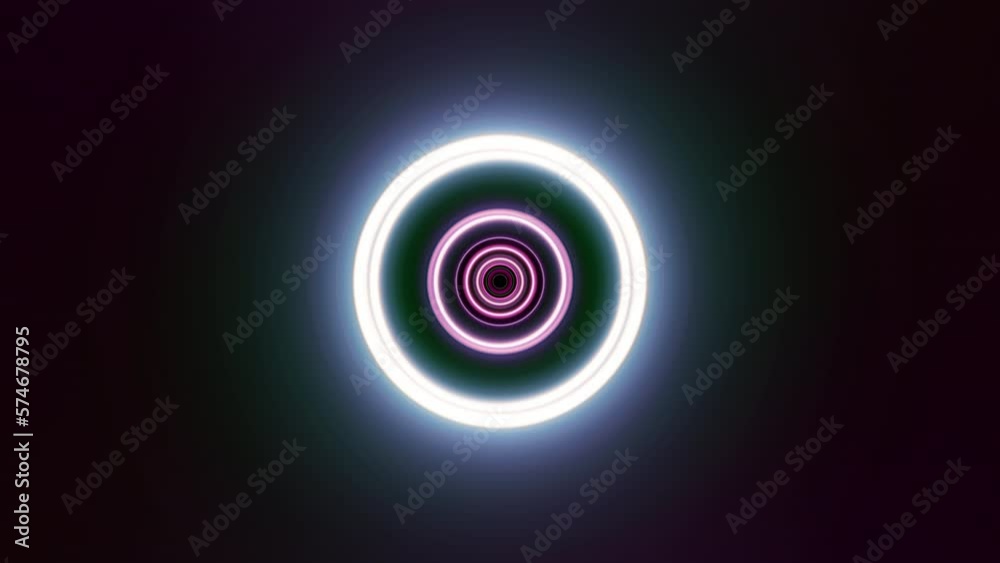 Abstract loop hypnotic pattern of center circles with the effect of blue glow pink radial laser ring tunnel displacement animation. Glowing metal rings animation. Abstract background for business pres