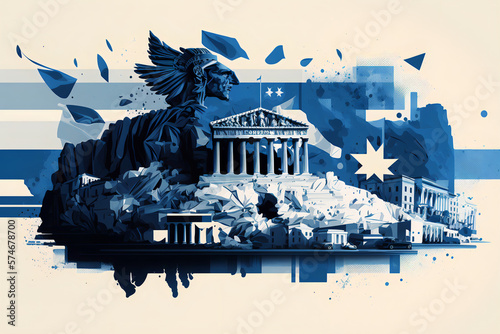 Parthenon temple in Athens, Greece, with the Greek flag incorporated into the background. The image also features iconic landmarks of Athens, such as the Temple of Olympian Zeus, generative ai