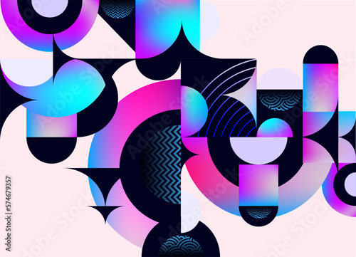 Abstract geometric composition of circles, squares, sector and colorful elements. Bright vector multicolored poster.