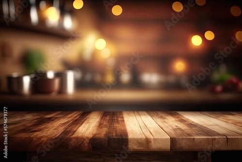 Wooden table for product display with bokeh background, Generative Ai © idealeksis