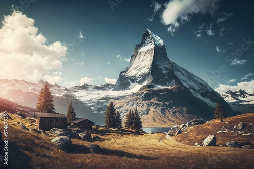 View of the Matterhorn, the world most famous beautiful mountain peak in Switzerland. Generative Ai image.