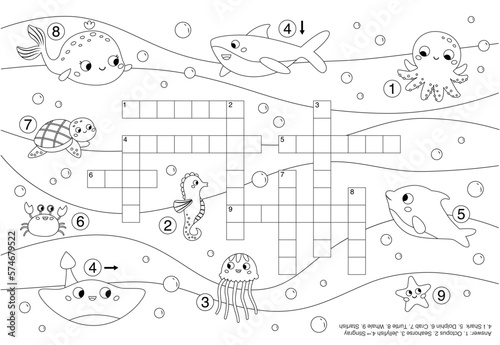 Sea and ocean animals crossword. Coloring page. Educational puzzle game for kids. Cute cartoon characters. Printable worksheet for preschool children. Vector illustration.