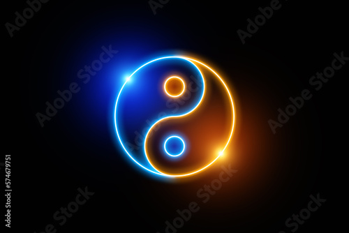 Fotografie Yin Yang neon light symbol in blue and orange colors on a black background