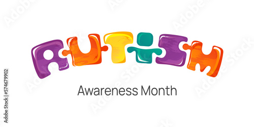 Banner for Autism Awareness Month. Illustration with puzzle composition isolated on white background.
