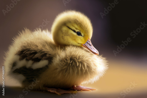 Baby duck portrait close up. Small bird resting. Generative AI