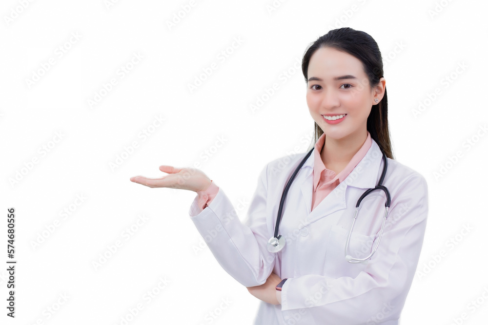 Professional Asian woman doctor wears medical coat while standing confidently smiling and shows her hand to present something isolated on white background in health protection concept. Professional Asian woman doctor wears medical coat while standing confidently smiling and shows her hand to present something isolated on white background in health protection concept.