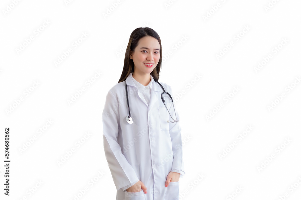 Professional Asian woman doctor wears medical coat while standing confidently smiling and hand in shirt pocket isolated on white background in health protection concept. Professional Asian woman doctor wears medical coat while standing confidently smiling and hand in shirt pocket isolated on white background in health protection concept.