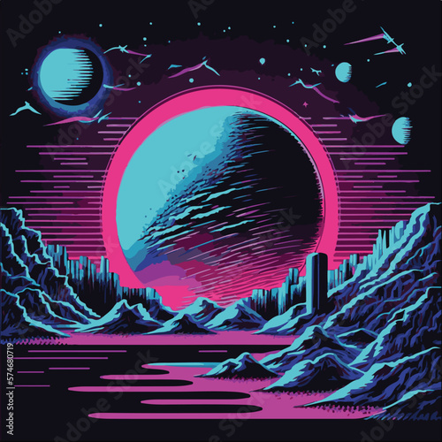 Purple Glowing Night with Huge Planet in sky, mountains, landscape