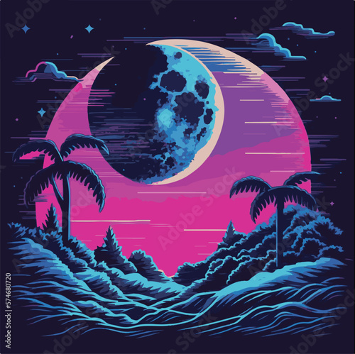 Purple Glowing Night with Huge Planet in sky, mountains, landscape