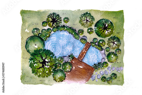 Landscape architect plan design by watercolor hand drawn painting with brushes strokes.Colorful splashing in the paper.It's wet texture background for creative wallpaper,floral card and art work.