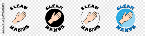 Clean hands sticker. Wash your hands poster. Reminder to clean hands. Covid restrictions and rules. Hygiene concept. Vector set