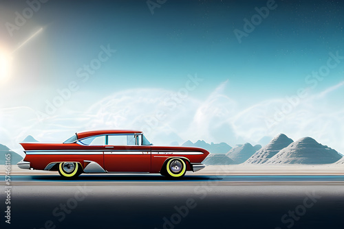 Vintage red car on the road, isolated, lateral view. T-shirt design, posters, canvases. Generative AI