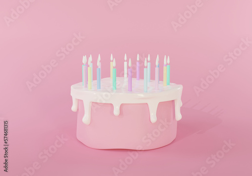 Cute birthday cartoon cake 3d rendering pastel color with a candles, Sweet cake for a surprise birthday, Valentine's Day on a pink background.
