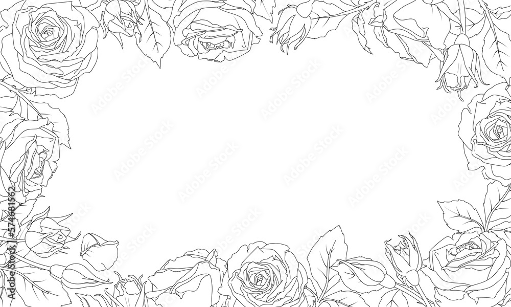 Rectangular frame of a rose and leaves in line art style. Vector illustration. Hand drawn flower. Black and white drawing. For the design of stickers, wedding invitations, stationery, greeting cards Rectangular frame of a rose and leaves in line art style. Vector illustration. Hand drawn flower. Black and white drawing. For the design of stickers, wedding invitations, stationery, greeting cards