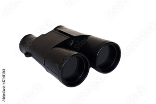 Black binoculars or telescope isolated on white background. Concept, equipment or tool for looking long distance view. Exploring, searching, adventure journey kit. Visual aid. 