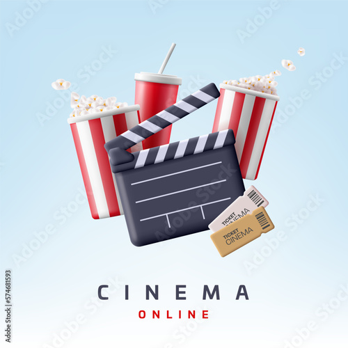 Cinema online. Modern dynamic 3D composition of clapper, popcorn, drink and tickets on a light background. For advertising cinemas and movies online.
