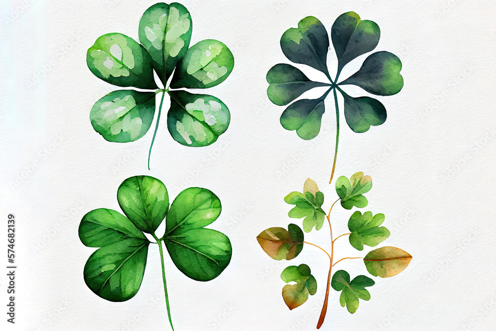 Set of watercolor four-leaf clovers. Happy St. Patrick's Day. mixed media, Vector illustration, realistic. Generative Ai Set of watercolor four-leaf clovers. Happy St. Patrick's Day. mixed media, Vector illustration, realistic. Generative Ai