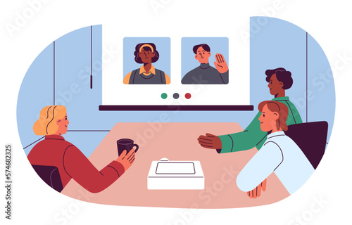 Remote business communication, meeting. International team at table in office during video conference, chatting with distant colleagues. Flat graphic vector illustration isolated on white background
