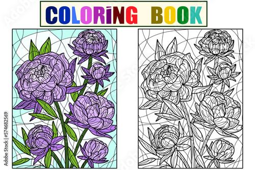 Set Flowers peonies, color background and color. Book antistress for children and adults.