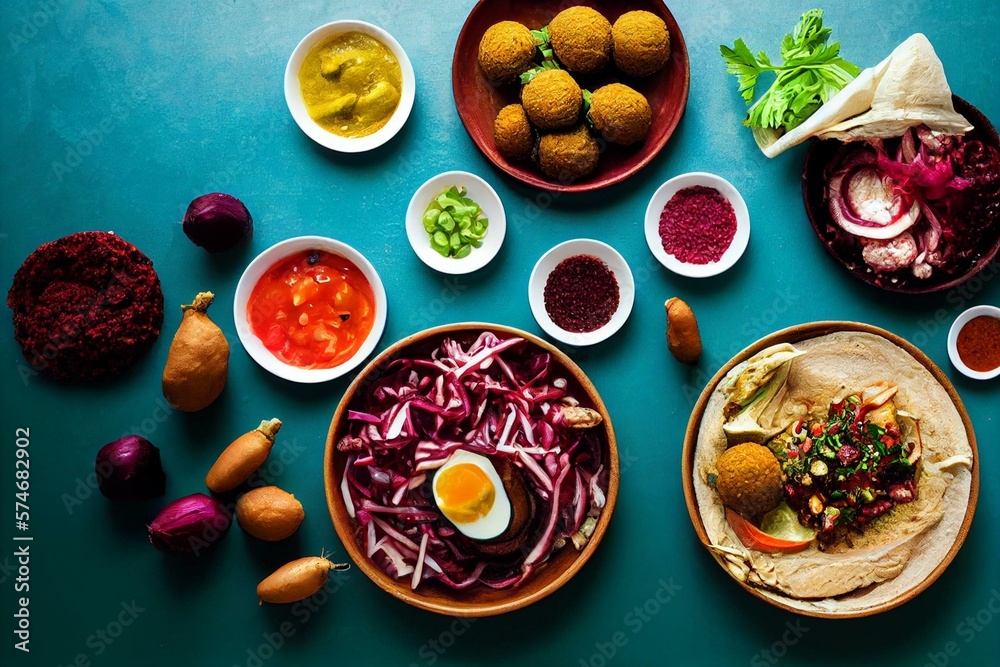 Overhead image of traditional jewish and middle eastern food falafel