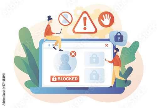 Account blocked. Hacker cyber attack, censorship or ransomware activity security. Data protection concept. Cyber crime. Modern flat cartoon style. Vector illustration on white background