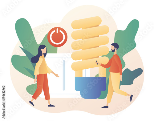 Sustainability concept. Energy saving. Reduce energy consumption at home. Tiny people unplug appliances and use energy saving light bulb. Modern flat cartoon style. Vector illustration