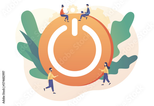 Characters turning off and turning on button. On Off concept. Tiny people press switch. Save energy. Modern flat cartoon style. Vector illustration on white background
