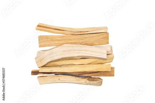 Top view color photo close-up of Palo santo wood sticks isolated on white background.