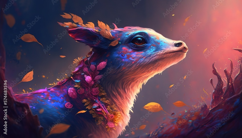 Colorful painting of an animal with creative abstract elements as background. fantasy animal. illustration painting. Generative AI.