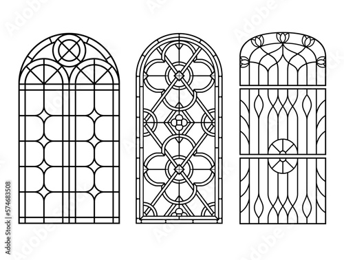 Arched vintage old window set with stained glass