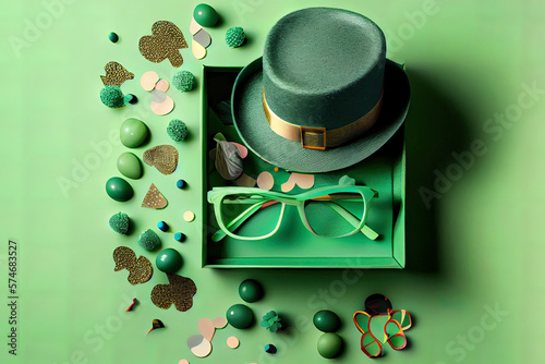 Top view photo of st patricks day decorations hat shaped party glasses green bow-tie shamrocks confetti straws and giftbox on isolated pastel green background with copy, realistic. Generative Ai