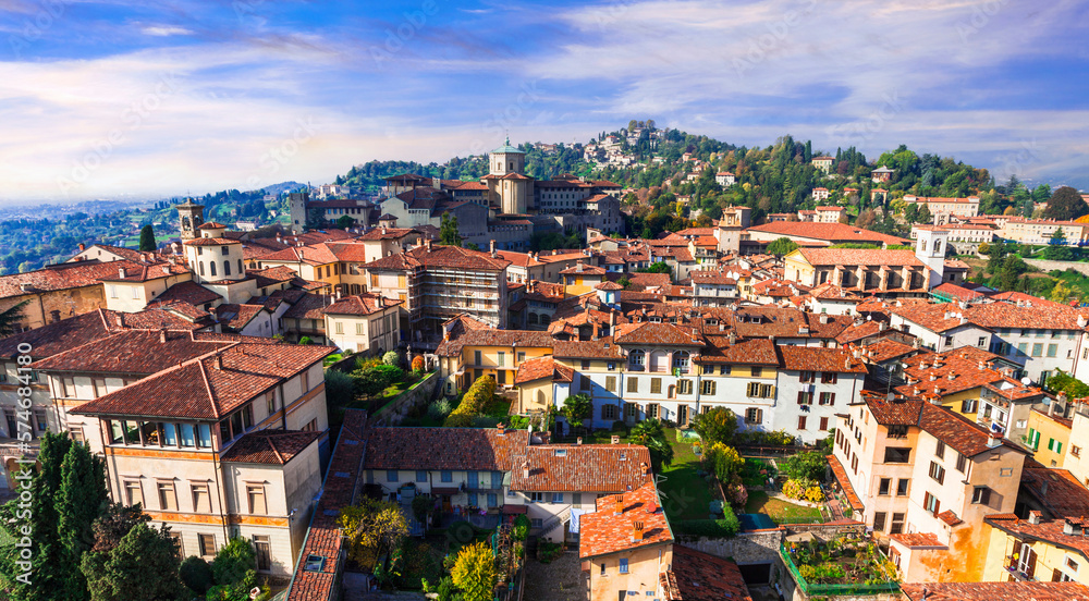 Italian historic landmarks and beautiful medieval towns - Bergamo, old town view. Lombardia, Italy