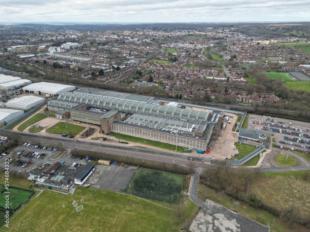 Royal Mint Printing Works in Debden, Essex UK  drone aerial view