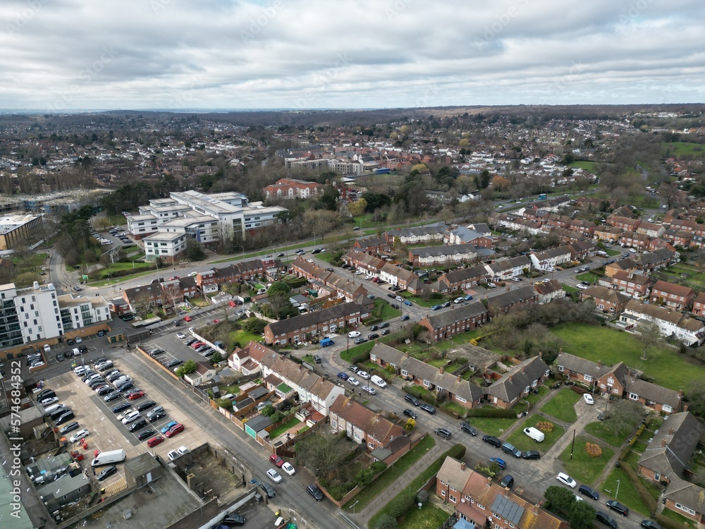 Debden housing estate streets and roads  Essex UK  drone aerial view