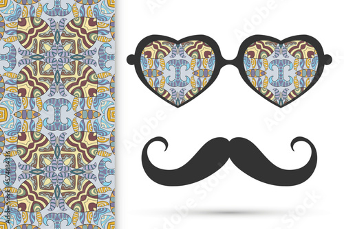Retro hipster ornate sunglasses, mustaches with seamless hand drawn pattern. Isolated elements for textile fabric or paper print, invitation, business card design. Heart shape glasses, doodle eyewear