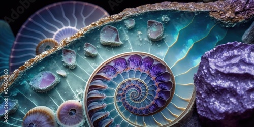 Iridescent purple shimmer ammonite shell spiral  fossilized in ancient prehistoric rocks  detailed texture and fascinating golden ratio pattern - generative AI.