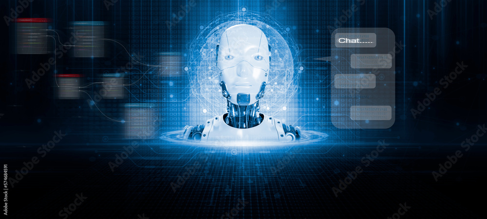 Fototapeta premium Chat Ai communicate and interact with human and provide smart data text, Artificial intelligence systems assist human decision making the best solution. technology robots in the online system