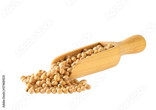 wooden spoon or scoop with soybeans isolated on white background. soybeans in a wooden spoon .