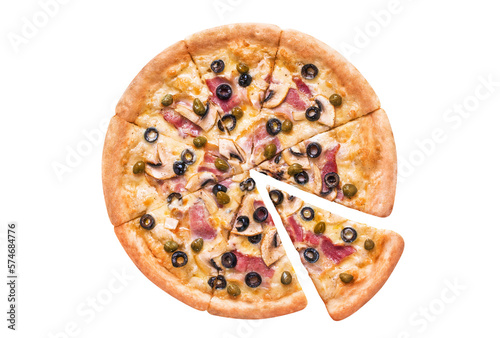Delicious pizza with bacon, champignon mushrooms, capers and olives, cut out