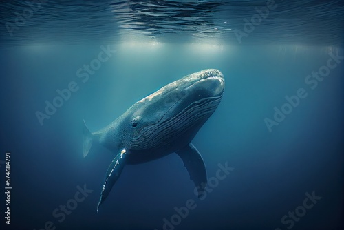 portrait of a blue whale ready to breach the surface of the ocean  generative ai