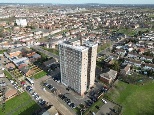 Photography Tower block Thaxed house ,Dagenham London UK Drone, Aerial, view from air, birds