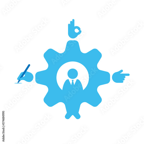 Gearwheel merged with businessman icon surrounded by hand gesture symbols as a gimmick of management. Vector illustration outline flat design style.