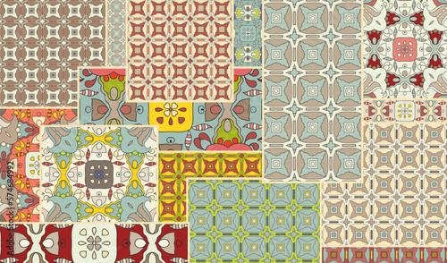 Vector patchwork quilt pattern. Vintage decorative collage. Hand drawn background. Indian, Arabic, Turkish motifs for printing on fabric or paper. Abstract colorful doodle pattern in mosaic style