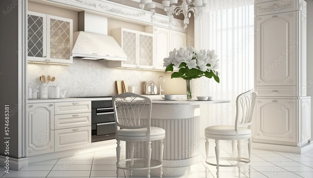 Modern stylish snow-white kitchen with furniture. AI Modern stylish snow-white kitchen with furniture. AI