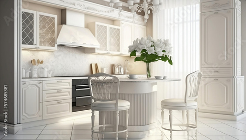 Modern stylish snow-white kitchen with furniture. AI © Natalia Markova