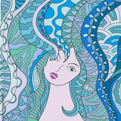 Beautiful fashion woman with abstract long hair. Hand drawn face. Colorful doodle cartoon illustration. Spring, summer girl, fantasy folk art